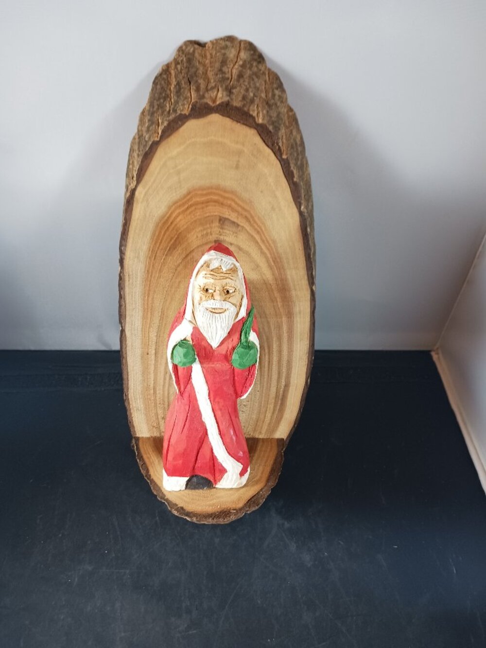 Hand Carved Wooden Santa Claus Figurine Mounted Christmas Decor